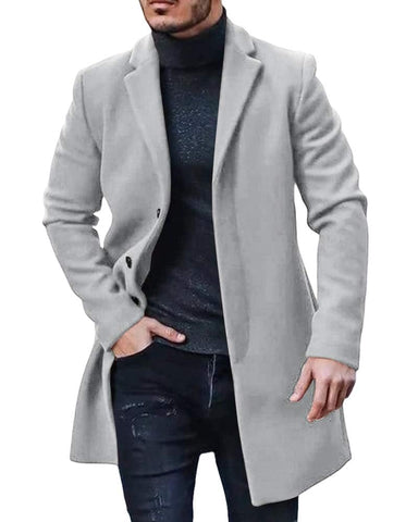 PASLTER Mens Trench Coat Slim Fit Notched Collar Fall Winter Single Breasted Pea Coat Warm Soft Overcoat