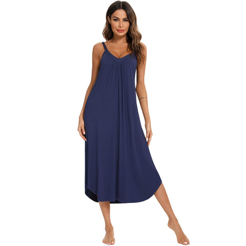Jlowesun Long Nightdress for women UK,Soft Cotton Nighties with Wavy Hemline,V-Neck Full Slip Loose Stretchy Strappy Women's Nightwear S Navy Blue