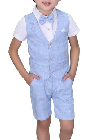 LOLANTA 4PCS Page Boy Suits Wedding, Kids Summer Short Suit Set, Ceremony Christening Partywear, Waistcoat Shorts Shirt with Bowtie, 5-6 Years, Blue, Tag 120