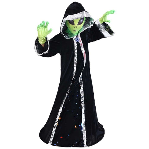 STIOEDYUAN Kids Alien Costume Children Hooded Cloak Gloves Green Mask Balaclava Cosplay Christmas Halloween Costume for Boy Girl (Black, Large)