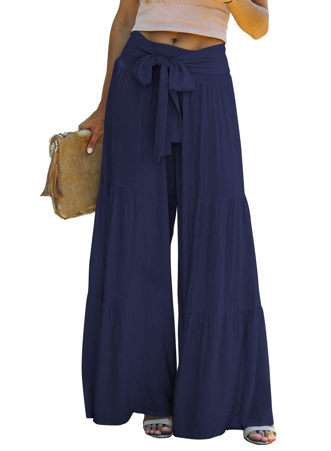 Lafural Women Summer High Waisted Cotton Linen Flare Palazzo Pants Skirt Pant Long Bell Bottom Lounge Trousers, Navy Blue, S