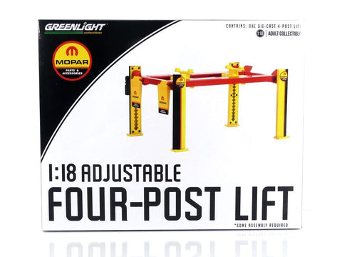 Greenlight Adjustable Four Post Lift MOPAR Black and Yellow for 1/18 Scale Diecast Model Cars