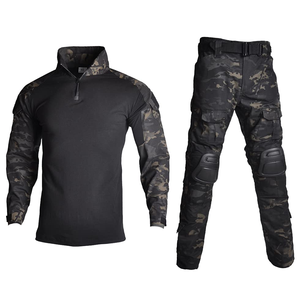 Lilychan Mens Tactical Military Suits Long Sleeve Rip-Stop Uniforms Combat Shirt and Pants Elbow Knee Pads (CP-Black, Medium)-1