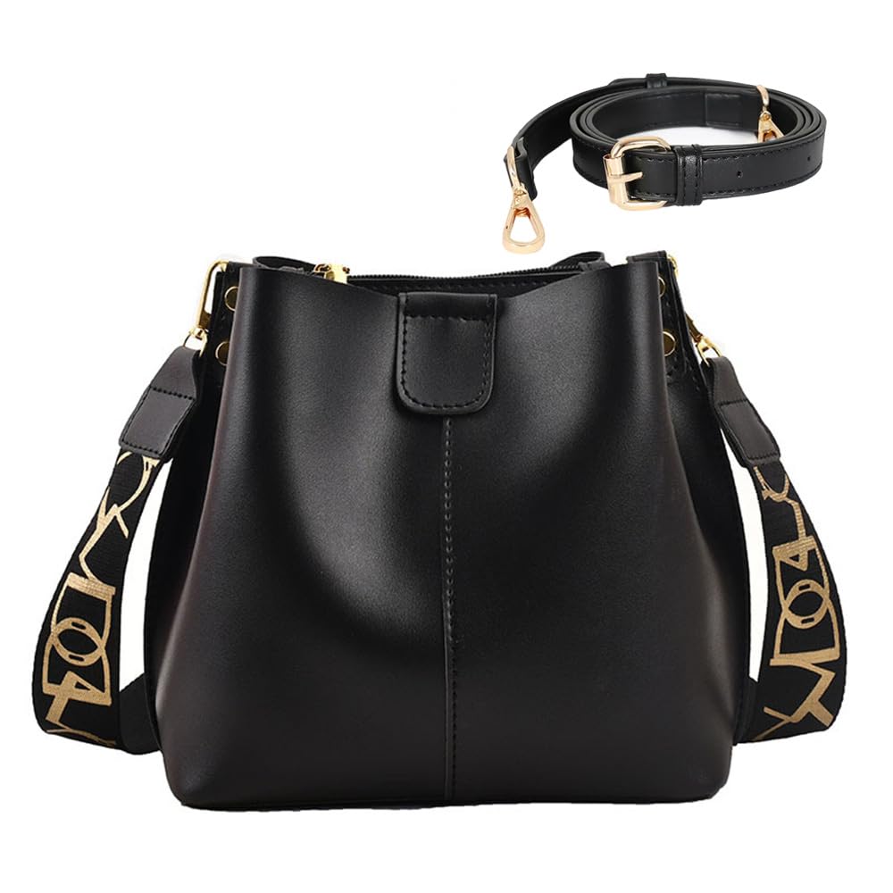 Small Leather Bucket Bag for Women Hobo Crossbody Bucket Bags and Purses with Guitar Strap Shoulder Bucket Handbag (Black)