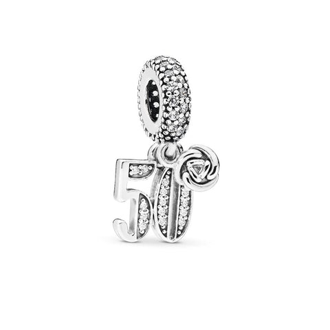 FGT 50th Anniversary Celebration Charm fits Pandora Moments Bracelets Rose Flowers Sterling Silver Gift Women Mum Grandmother Wife Mothers Day Valentine Birthday