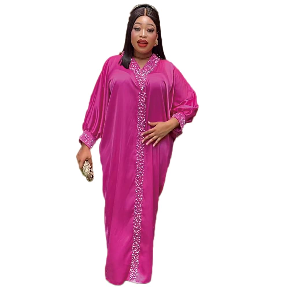 HD African Dresses for Women Fashion Beading Rhinestone Kaftan Maxi Dress, Rose-62, One size