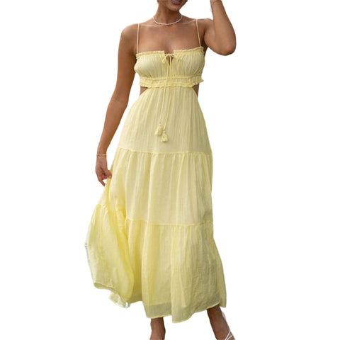 Women Low Cut Backless Maxi Dresses Elegant Spaghetti Strap Tiered Long Dress Relax Fit Open Back Cutout Flowy Sundress (A Yellow, M)