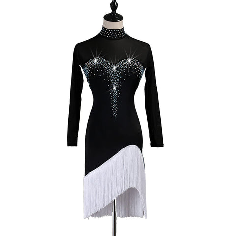 kzytamz Fringed HemLatin Dance Dresses Women Ballroom Black Salsa Samba High Collar Long Sleeves Latin Competition Dress Latin Training Dress Cha Cha Practice Skirt (M,Black)
