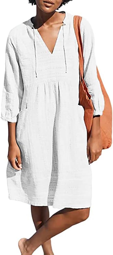 Lafural Womens V Neck Cotton Casual Loose Shift Tunic Smock Summer Dresses Vacation Dress 3/4 Sleeve Pocket White L