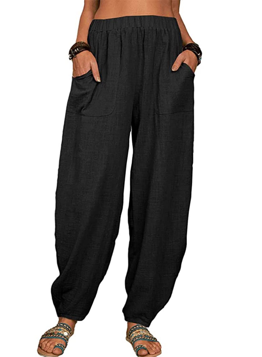 utcoco Women's Cotton Linen Harem Pants Casual Loose Fit High Waisted Pants Trousers with Pockets, Black, S