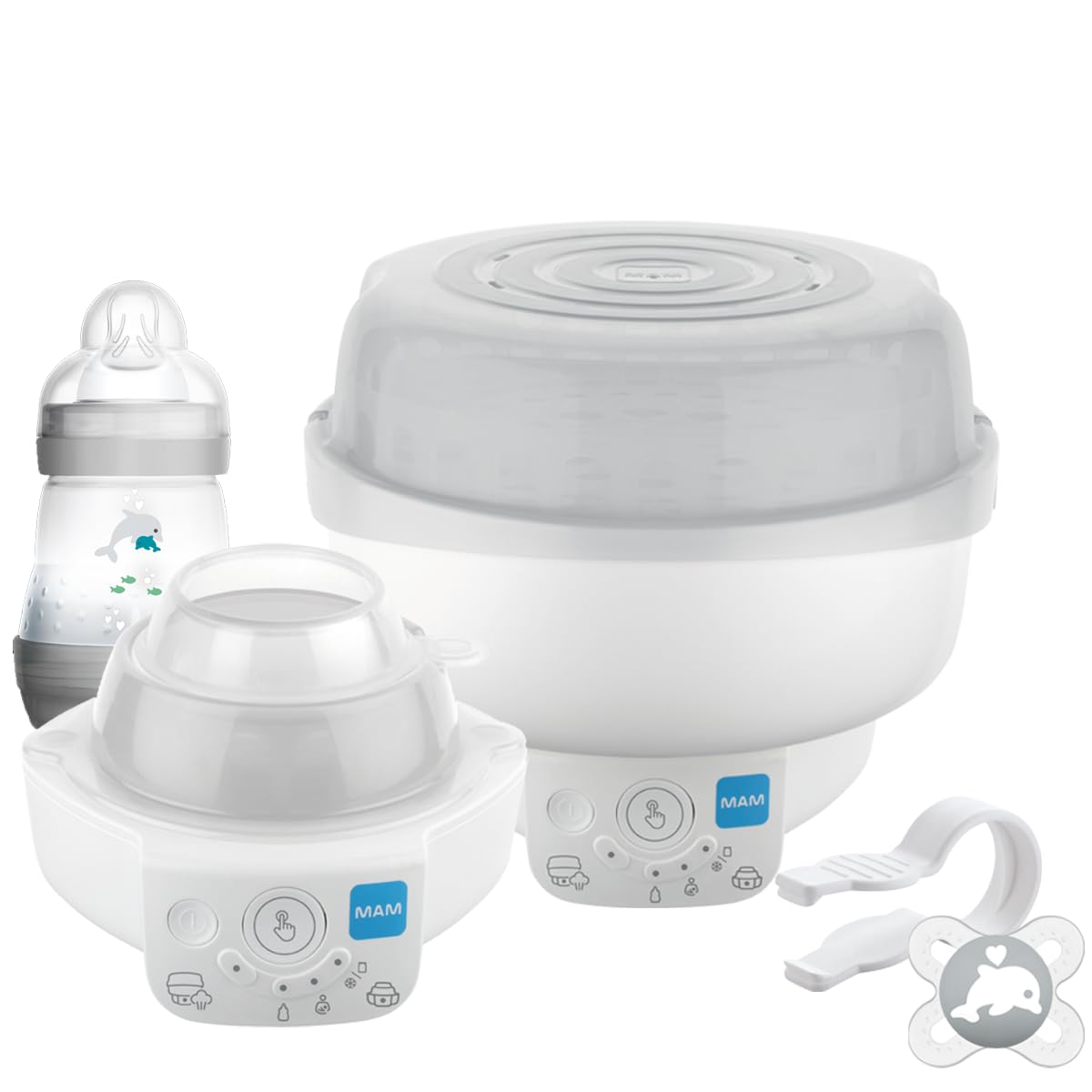 MAM Electric Baby Bottle Steriliser & Express Bottle Warmer; with 6 Functions - includes 1x 160 ml Easy Start Anti-Colic Bottle & 1x MAM 0-2 Months Start Soother (Designs May Vary)