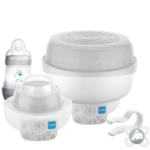 MAM Electric Baby Bottle Steriliser & Express Bottle Warmer; with 6 Functions - includes 1x 160 ml Easy Start Anti-Colic Bottle & 1x MAM 0-2 Months Start Soother (Designs May Vary)