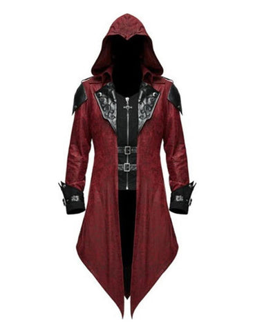 Men's Medieval Tailcoat Steampunk Vintage Spliced Hooded Trench Zipper Coat Gothic Dark Halloween Costume (Small, Burgundy)