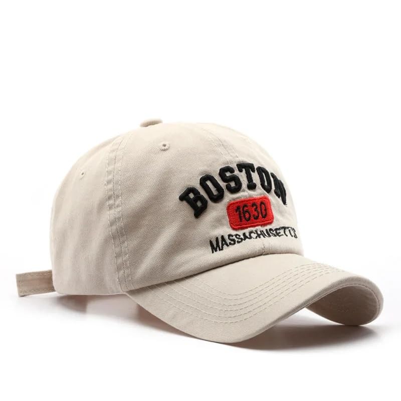 The Celly Plug Boston Massachusetts - Standard Profile Dad Hat, Curved Brim Adjustable Hat, Cotton Baseball Cap for Men & Women Golf, Gym (Cotton, Beige Off White)