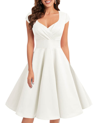 Bbonlinedress Women's 50s 60s A Line Rockabilly Dress Cap Sleeve Vintage Swing Party Dress White XL