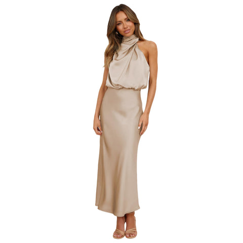 JUMISEE WomenÃ¢â‚¬â„¢s Sleeveless Satin Maxi Dress Elegant Mock Neck Wedding Guest Dress Formal Evening Gown Cocktail Party Dress Apricot