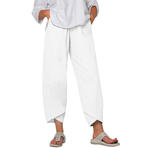Costaric Cotton Linen Casual Summer Capri Pants Printed Cropped Comfy Baggy Trousers with Pockets Palazzo Lounge Pants, A27 White, M
