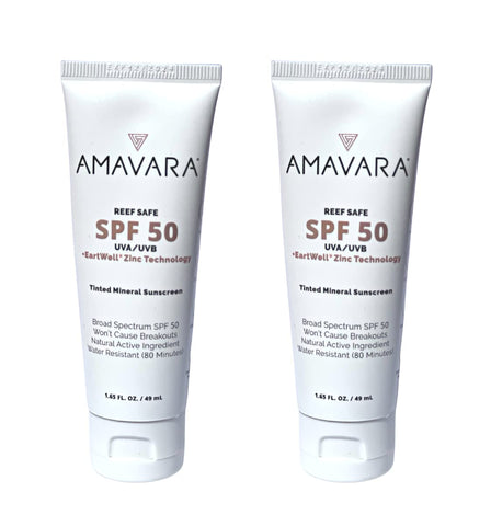 Amavara Tinted Mineral Sunscreen SPF 50, Physical Zinc Based Sunblock, Vegan Waterproof Sun-Shield, Broad Spectrum Reef Safe Suntan Lotion for Sensitive Skin Face & Body, 1.65 Ounces (2-Pack)