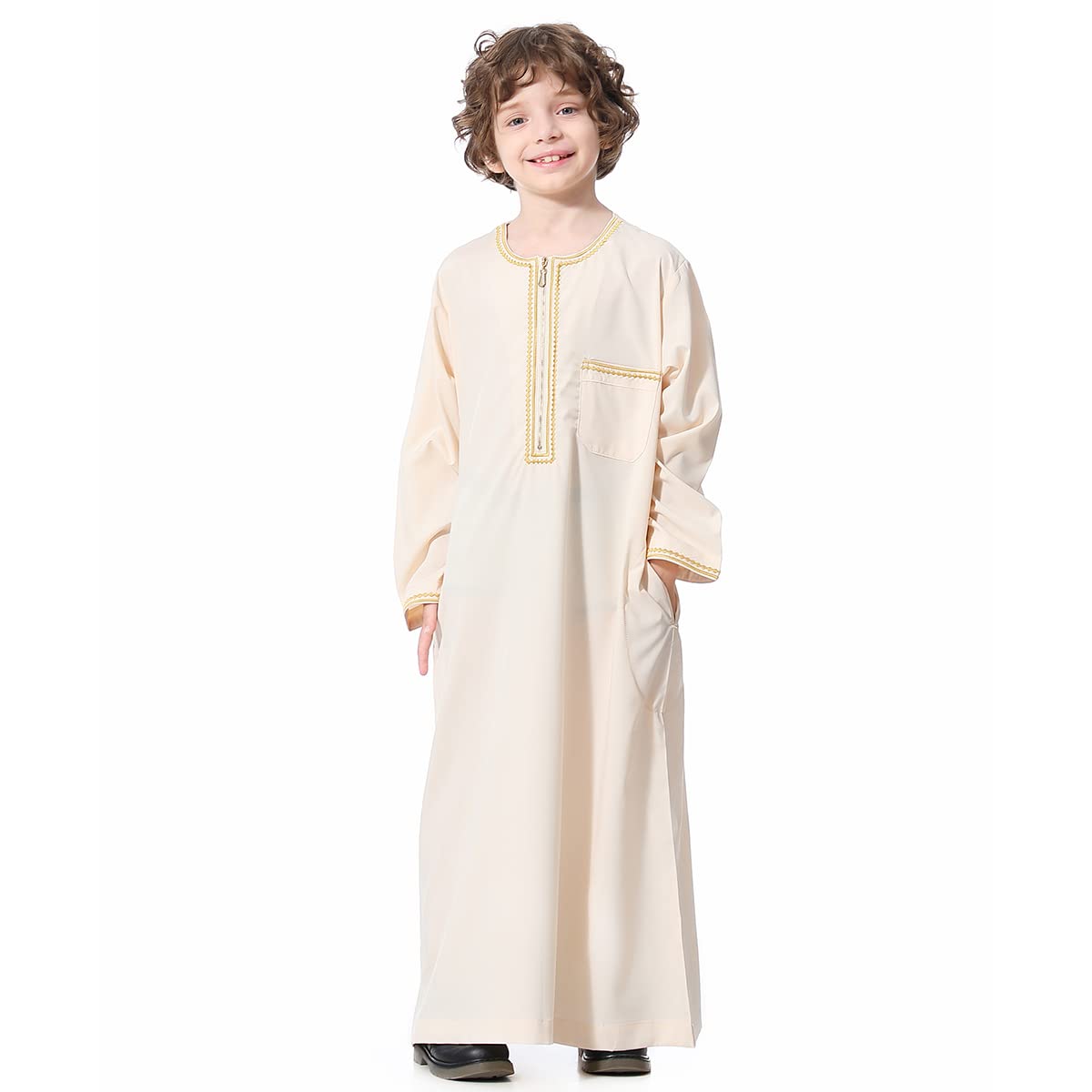 ODIZLI Arabic Thobe Muslim Thobe Kaftan Islamic Boys Jubba Thobe Dishdasha Saudi Arabia Islamic Clothing Jesus Robe Bisht Abaya Clothes Boyâ€™s Long Sleeves Muslim Robe Kids Ramadan Eid Beige 5-6 years