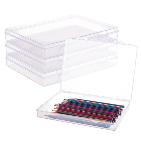 BENECREAT 4 Pack 8.8x6.5x1.2" Large Rectangle Clear Plastic Storage Containers Large Box Case with Double Buckles for Cards, Pens, Beads and Jewelry Findings