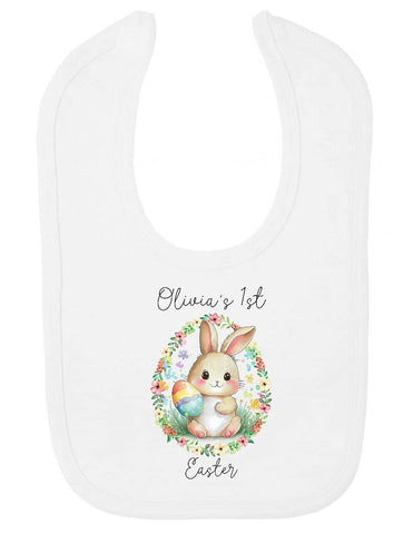 Personalised name's first Easter - watercolour rainbow bunny wreath five [EAST23] baby bib