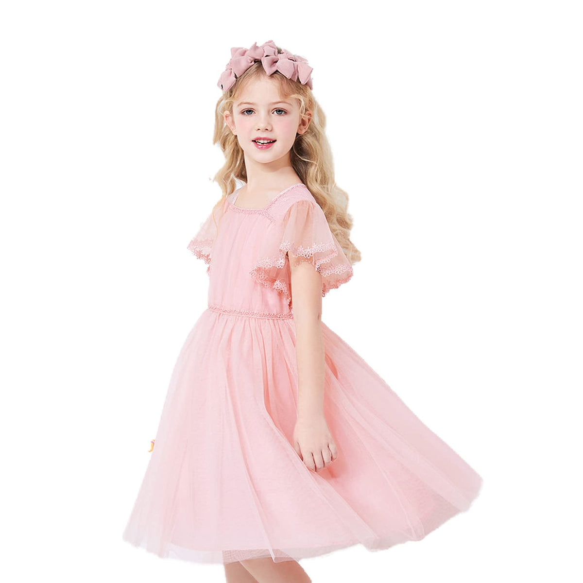 Toddler Flower Girl ,Little kid Dress Tulle Ruffle Short Sleeve A-Line Princess Pink Party Tutu Tulle Summer Vintage Dress 3T