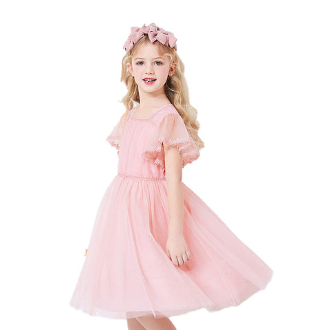 Toddler Flower Girl ,Little kid Dress Tulle Ruffle Short Sleeve A-Line Princess Pink Party Tutu Tulle Summer Vintage Dress 3T