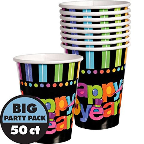 Amscan Bright Stripes New Year Party Cups Tableware, Multi Colored, Paper, 9 Ounces, 50-Piece