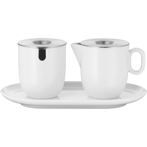 WMF 695899440 Sugar Bowl 130 ml and Milk Jug 170 ml with Saucer, Porcelain, White, 18/10 Steel