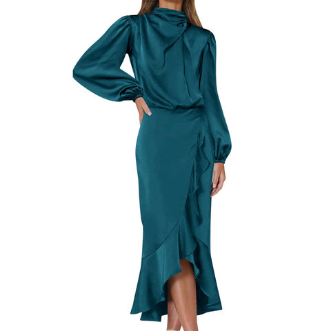 Silk Long Sleeve Dress for Women Satin Cocktail Dress for Women Mock Neck Ruffle Wrap Dresses Fall Formal Wedding Guest Tulip Hemline Evening Party Prom Gown Reception Dresses Peacock Blue b M