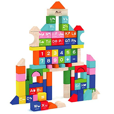 URBN-TOYS 100pcs Early Education ABC & Numbers Wooden Building Construction Blocks in Bucket With Shape Sorter Lid