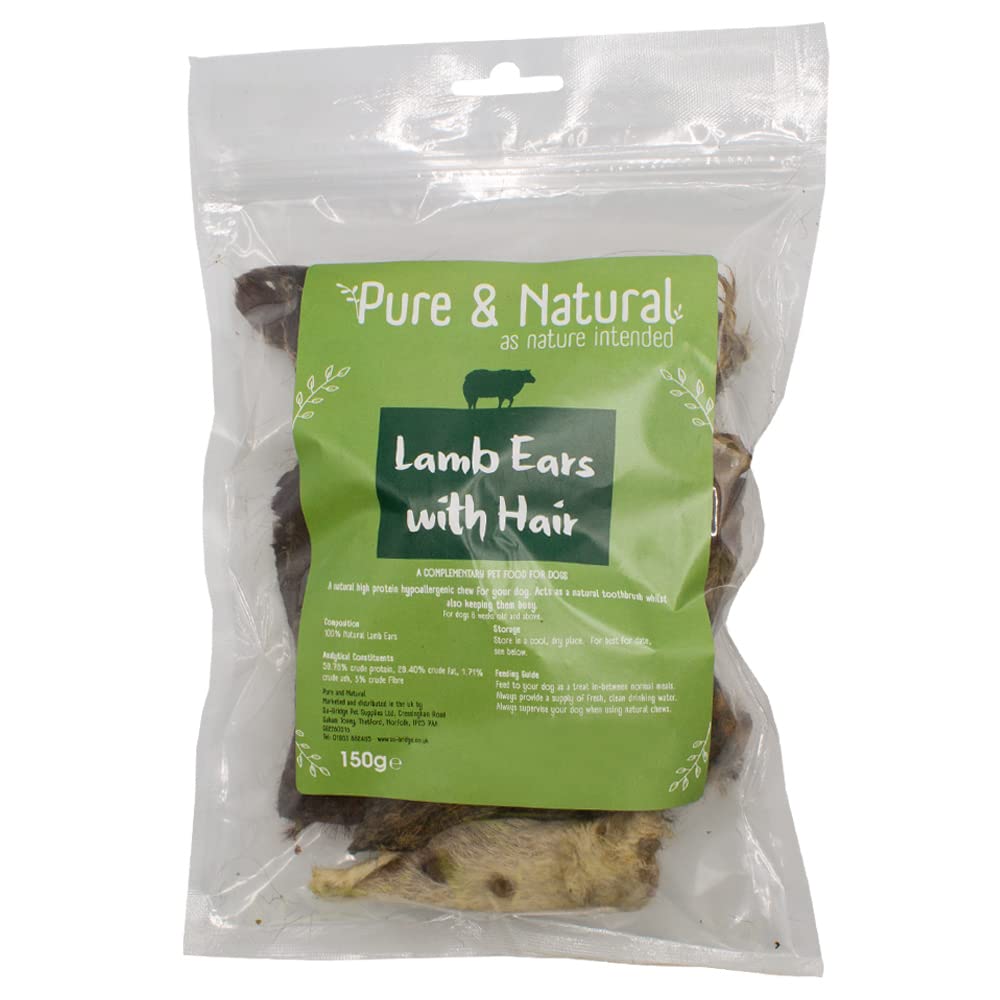 Pure & Natural Lamb Ears with Hair - Lamb Dog Chew Natural, High Protein, Low Fat, Hypoallergenic, Promotes Dental Health, Ideal for All Ages - 150g Bag