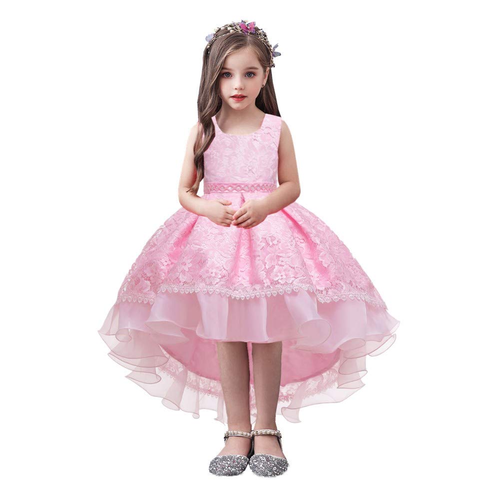 HIHCBF Flower Girls High Low Lace Dress Princess Wedding Pageant Birthday Christmas Party Formal Evening Dance Ball Gown Pink 5-6T