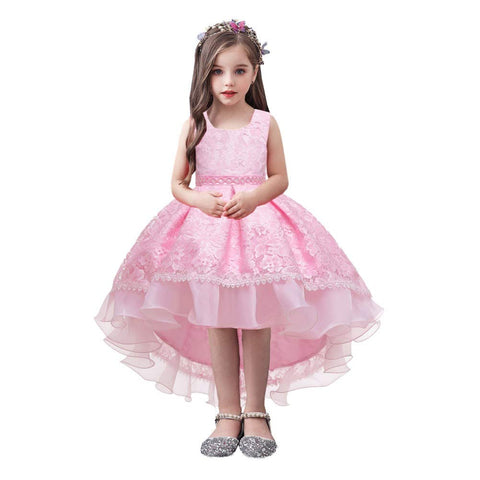 HIHCBF Flower Girls High Low Lace Dress Princess Wedding Pageant Birthday Christmas Party Formal Evening Dance Ball Gown Pink 5-6T