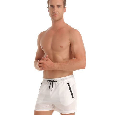 TMEOG Swimming Shorts Men Swim Trunks Gym Board Shorts Mens Swimwear Quick Dry Beach Shorts with Zipper Pockets Men's Swim Shorts & Trunks(White,S)
