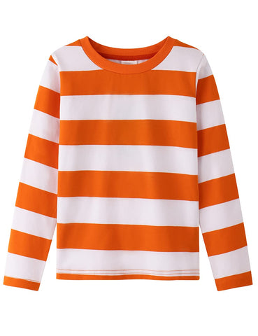 Spring&Gege Boys' Long Sleeve Striped T-shirt Cotton Crew Neck Tees, Orange and White, Size 5-6 Years