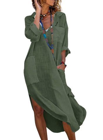utcoco Womens Casual Loose Cotton Linen Long Shirt Dress Lapel Button Cuffed Sleeve Side Split Dresses with Pockets (Medium, Army Green)