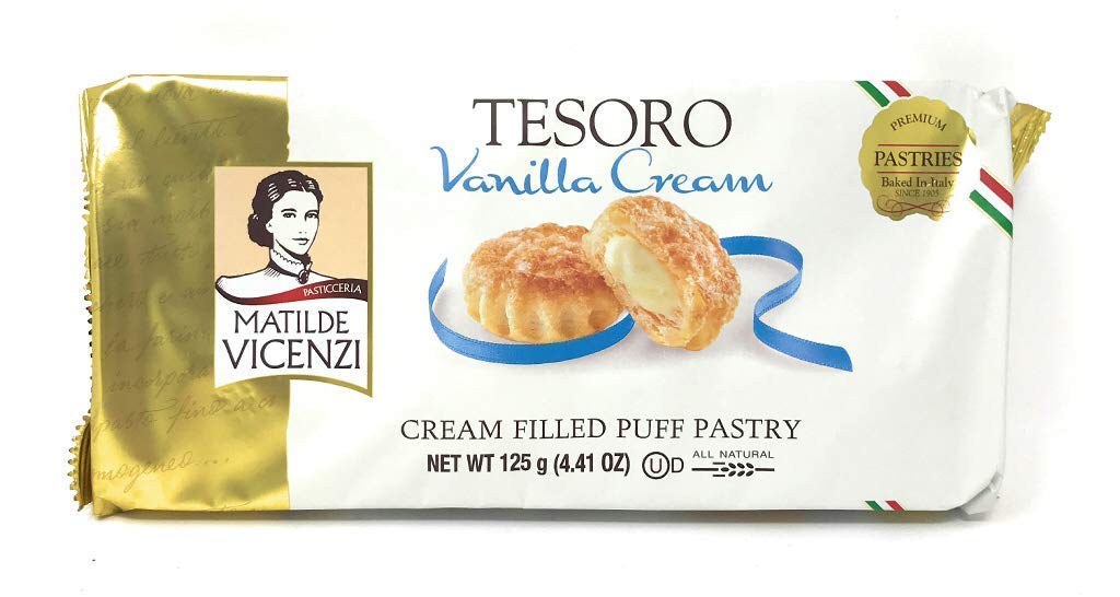 Tesoro Vanilla Cream Filling by Pasticceria Matilde Vicenzi - Cherry Cream Filled Puff Pastry Patisserie Desserts Made in Italy - Italian Bite Size Pastries Kosher Dairy - 4.41oz (125g), 1Pk