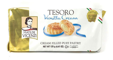 Tesoro Vanilla Cream Filling by Pasticceria Matilde Vicenzi - Cherry Cream Filled Puff Pastry Patisserie Desserts Made in Italy - Italian Bite Size Pastries Kosher Dairy - 4.41oz (125g), 1Pk