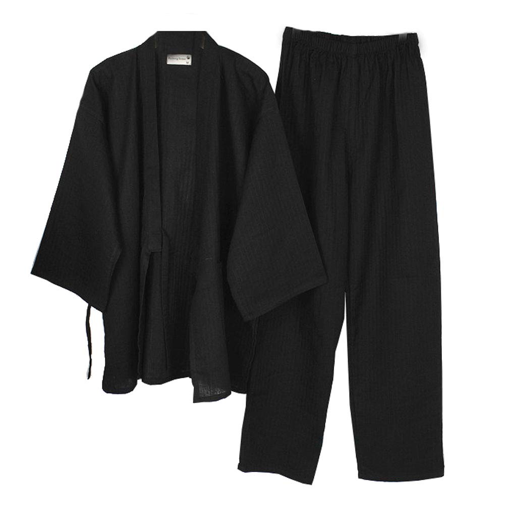 OWLONLINE Men's Japanese Kimono Cotton Pajamas Suit Zen Clothing Plus Size (Size L, Black)