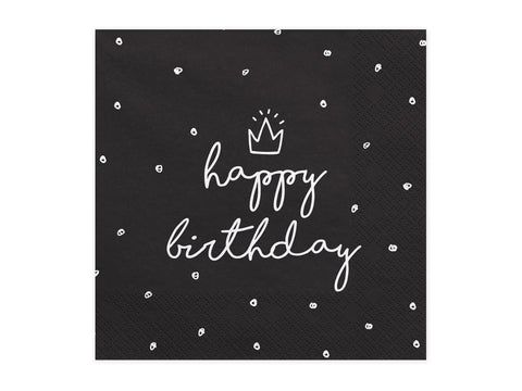 PartyDeco Happy Birthday Napkins Pack of 20 33 x 33 cm 1/4 Fold 3-Ply Paper Napkins Birthday Black