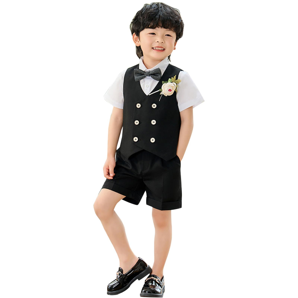 LOLANTA Boys Summer Short Suit, Double-Breasted Waistcoat Set, Kids Birthday Occasionwear, Black, 2-3 Years, 90