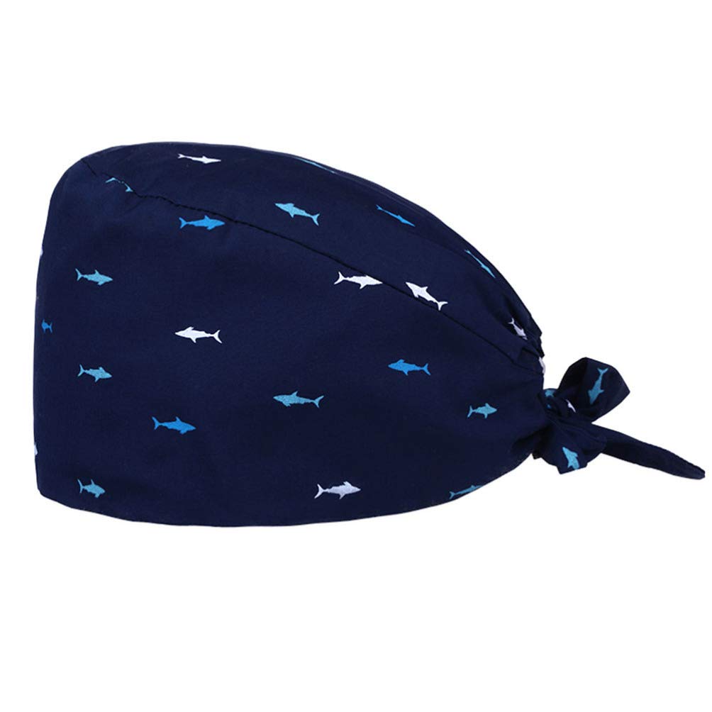 TENDYCOCO Unisex OP Hat Cotton Exfoliating Cap with Adjustable Sweatband for Ponytail Dog Printed Medical Hat for Doctor Nurse, 243410DHTVV, Shark, 52X13,5CM