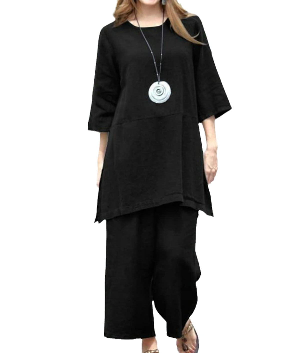 Women's Oversize Cotton Linen Set Solid Color Retro Loose Mid Sleeve Tops & Wideleg Pants Two Piece Set Black 5XL