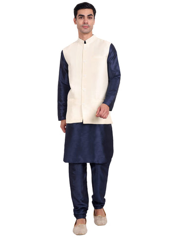 SKAVIJ Men's Indian Dupion Silk Kurta Pajama And Nehru Jacket (Waistcoat) Set for Wedding (Large, Off White)