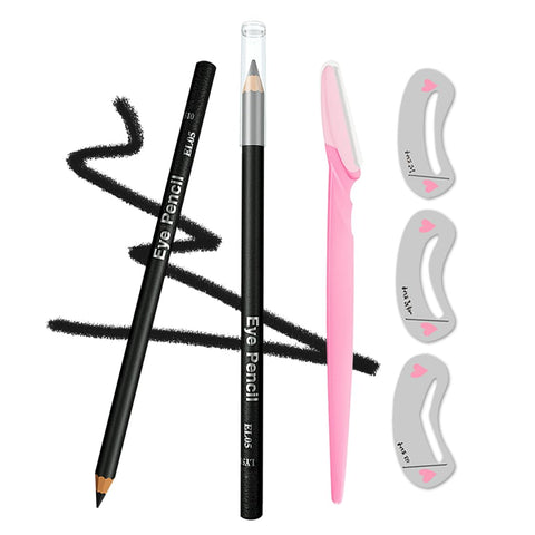 Fexblz Eyeliner Pencil, Smudge Proof Waterproof Long Lasting Makeup Eye Liner; [5-in-1]Eyeliner *1; Eyebrow Stencil *3; Eyebrow Razor *1, Black #-0112041