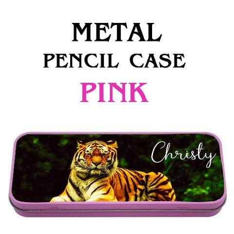 Personalised Tiger Themed Metal Pencil Case Tin,Back to School,Christmas Custom Gift. (Pink)
