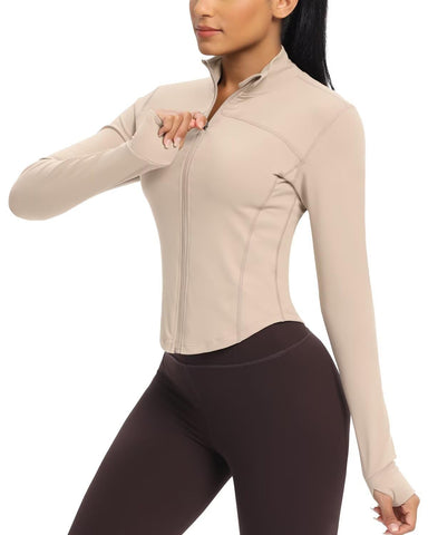 QUEENIEKE Women's Cropped Running Jackets - Zip Up Lightweight Athletic Yoga Gym Tops BBL Jacket with Thumb Holes (Morganite, Small)