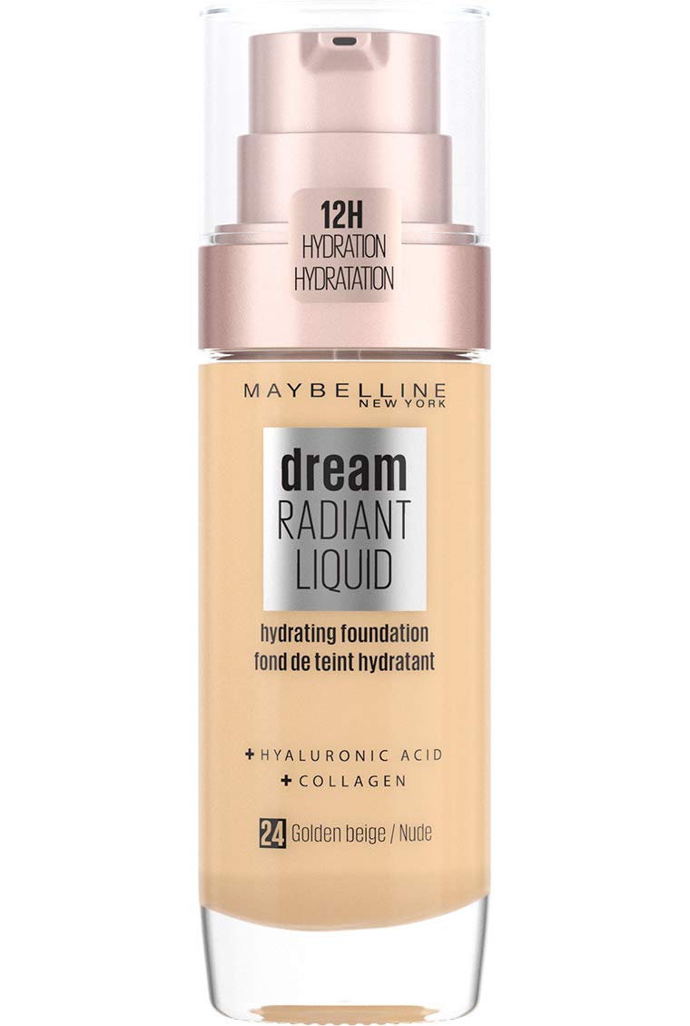 Maybelline Foundation, Dream Radiant Liquid Hydrating Foundation with Hyaluronic Acid and Collagen, Lightweight, Medium Coverage Up to 12 Hour Hydration, 24 Golden Beige, 30 ml (Pack of 1)