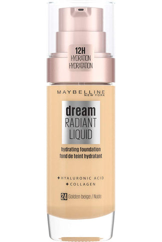 Maybelline Foundation, Dream Radiant Liquid Hydrating Foundation with Hyaluronic Acid and Collagen, Lightweight, Medium Coverage Up to 12 Hour Hydration, 24 Golden Beige, 30 ml (Pack of 1)
